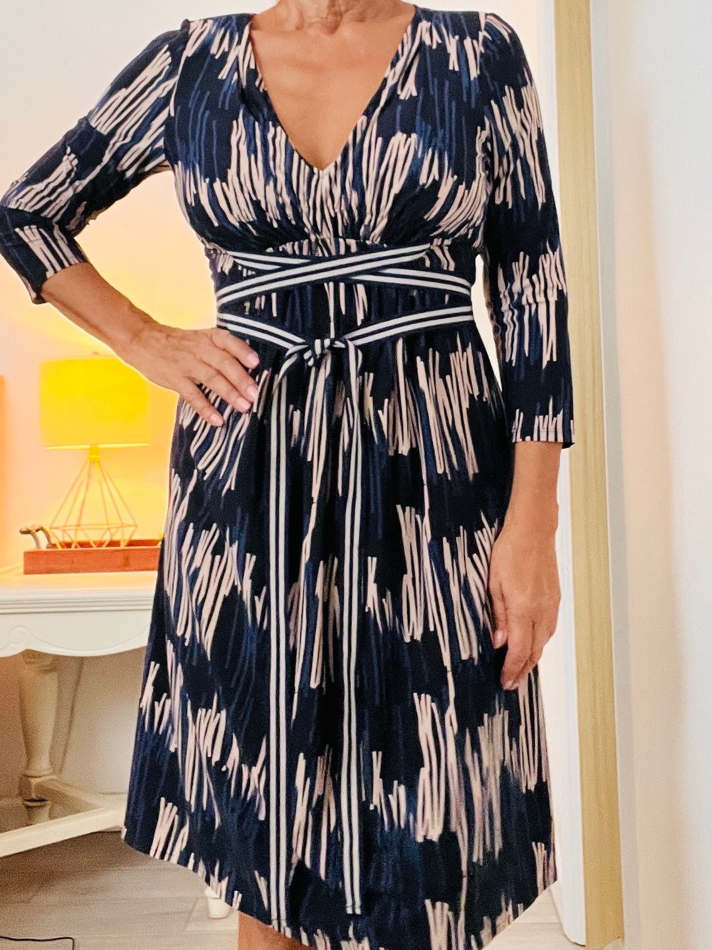 BCBGMaxAzria Navy Dress with Blush Brushstroke Print